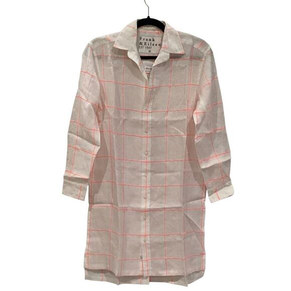 Frank & Eileen Hunter Classic Linen Shirtdress In Neon Pink Windowpane Size XS - Picture 2 of 14